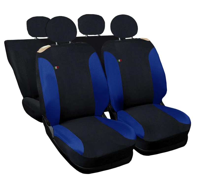 Auto Accessori Lupex Car Seat Covers Compatible with Cinquecento 500, Made in Italy, Polycotton Fabric, Front and Rear Sets (Black - Royal Blue with Full Back Back)