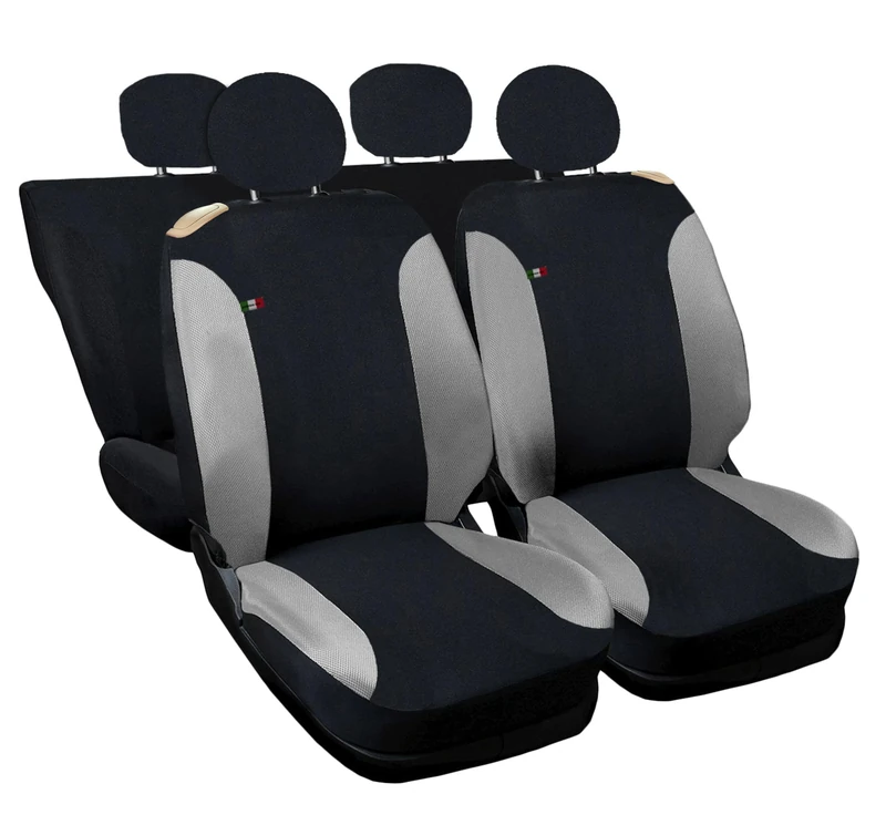 Auto Accessori Lupex Car Seat Covers Compatible with Cinquecento 500, Made in Italy, Polycotton Fabric, Front and Rear Sets (Black - Light Grey with Full Back Back)