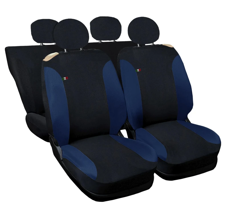 Auto Accessori Lupex Car Seat Covers Compatible with Cinquecento 500, Made in Italy, Polycotton Fabric, Front and Rear Sets (Black - Dark Blue with Back Backrest 50e50)