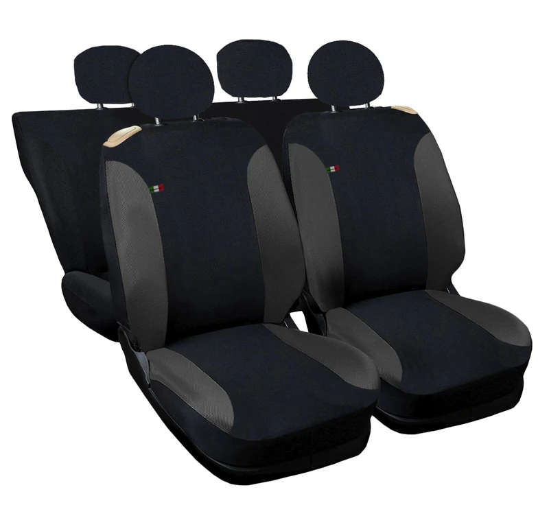 Auto Accessori Lupex Car Seat Covers Compatible with Cinquecento 500, Made in Italy, Polycotton Fabric, Front and Rear Sets (Black - Dark Grey with Full Back Back)
