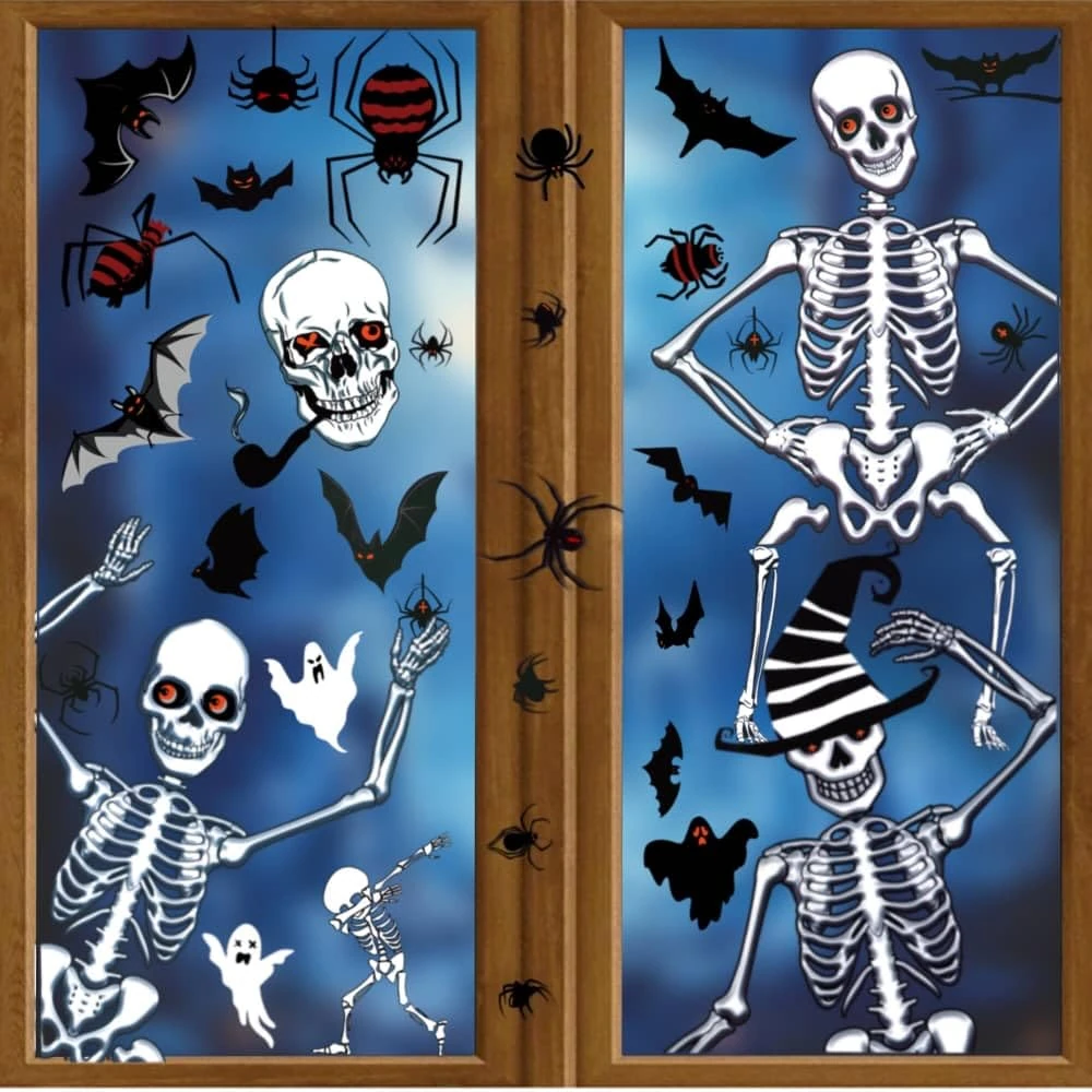 Halloween Window Stickers | Halloween Window Decorations Clings Decals Doublesided Reuseable Skeleton Bats Spider Ghost |