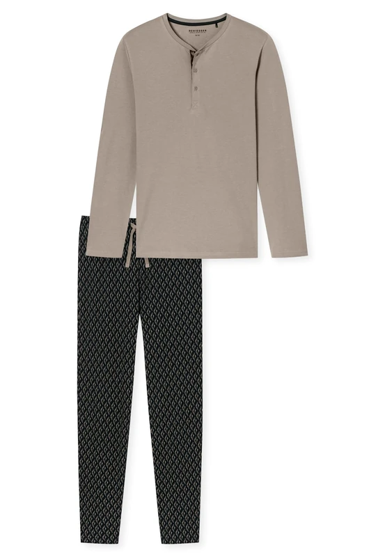 Schiesser Men's Long Fine Interlock Pyjama Set, Brown-Grey 181174, 48, Brown_181174, 38