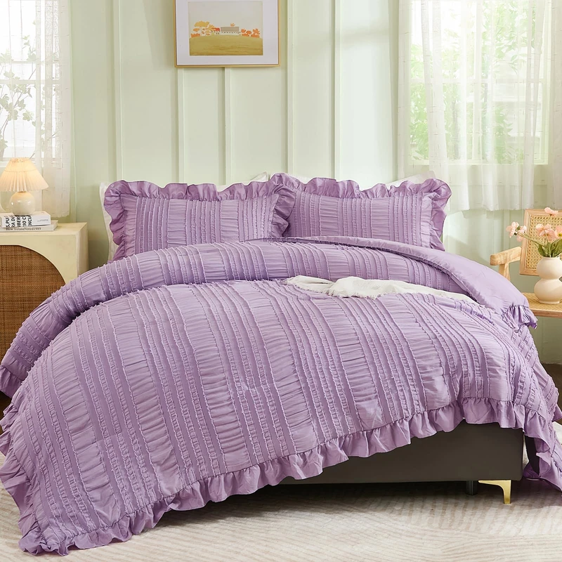 WONGS BEDDING Purple Comforter Set King,3 Pieces Ruffle Farmhouse Shabby Chic Comforter for King Bed,Soft Textured Boho Bedding Set with 1 Ruffle Comforter,2 Tufted Pillowcases 104"×90"