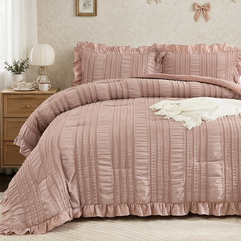 WONGS BEDDING Pink Comforter Set King,3 Pieces Ruffle Farmhouse Shabby Chic Boho Comforter for King Bed,Soft Textured Bedding Set with 1 Ruffle Comforter,2 Tufted Pillowcases 104"×90"