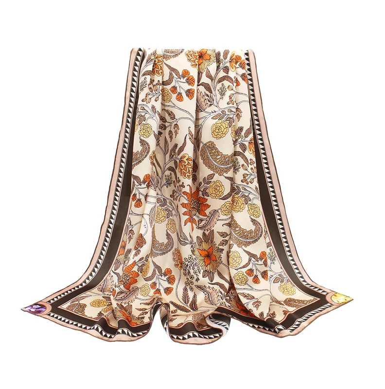 ANDANTINO 100% Silk Scarf 43" Large Square Lightweight Headscarf& Shawl–Women Hair Wraps-With Gift Packed, Floral-light Brown, Large - Image 1