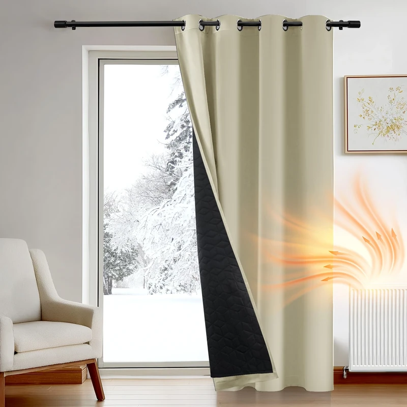 Deconovo Reduce Draughts Blackout Curtain Eyelet, Windproof Door Curtain with Thick Microfiber Quilted Lining, Thermal Insulated Curtain for Front Door, 55 x 95 Inch, Dark Beige, 1 Panel