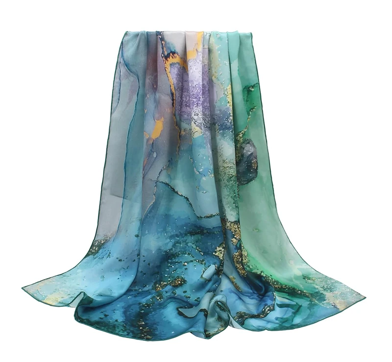 ANDANTINO 100% Silk Scarf 43" Large Square Lightweight Headscarf& Shawl–Women Hair Wraps-With Gift Packed, Light Green&blue, Large