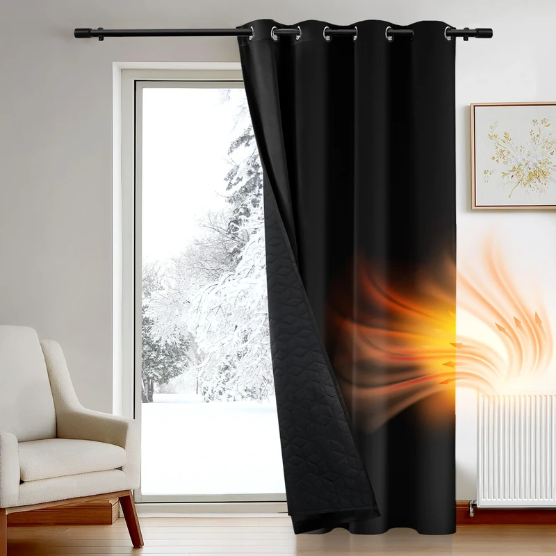Deconovo Blackout Curtain for Bedroom, Noise Reducing Thermal Curtain Eyelet with Thick Microfiber Quilted Lining, Energy Saving Curtain for Winter, 55 x 95 Inch, Black, 1 Panel