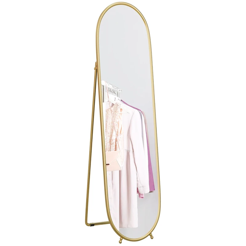 HOMCOM 40 x 160cm Full Length Mirror, Floor Standing or Leaning Against Wall Tall Mirror with Support Frame, Gold Tone