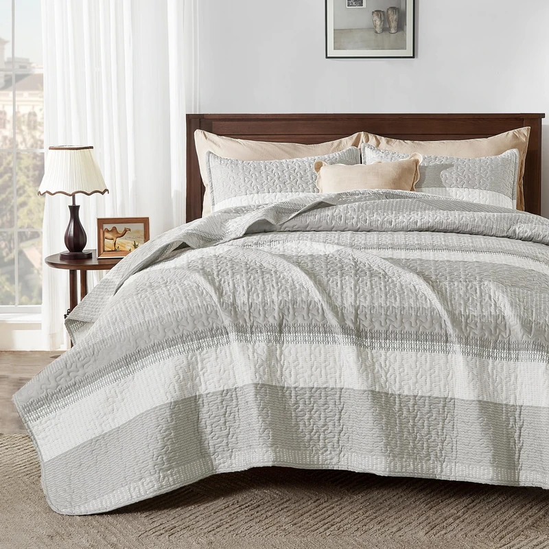 Andency California King Quilt Set Linen Grey, 3 Pieces Bedspreads