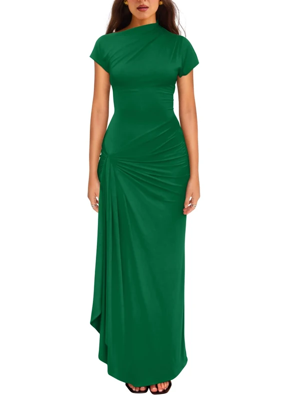YMDUCH Women's Casual Short Sleeve Boat Neck Ruched High Split Bodycon Long Party Dress, Green, L