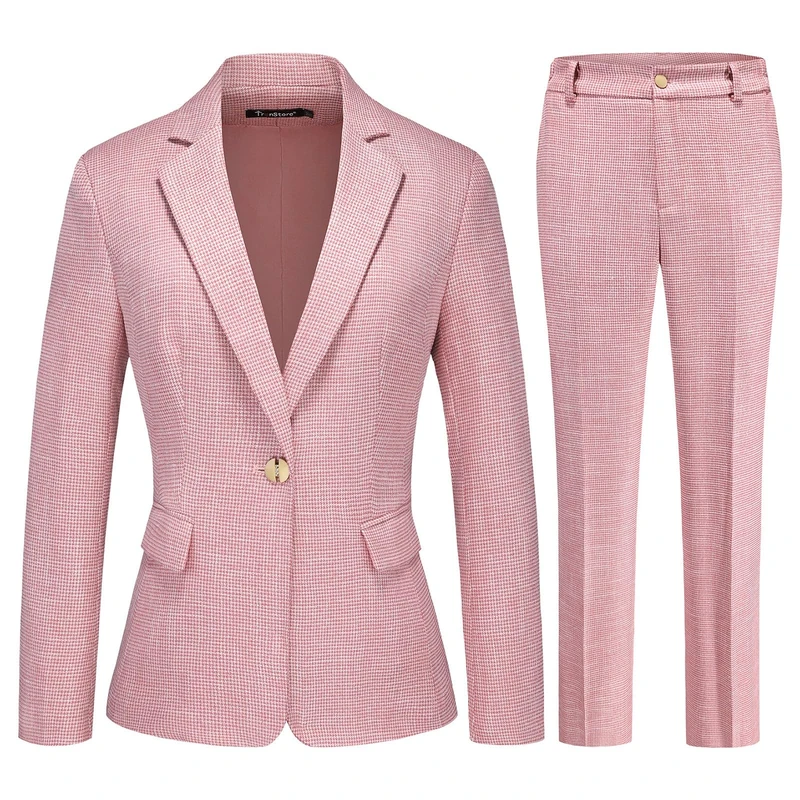 TRONSTORE Women's Suit 2 Piece Set Buiness Pants Suit for Women Pinstripe Houndstooth Blazer, Pink, Large