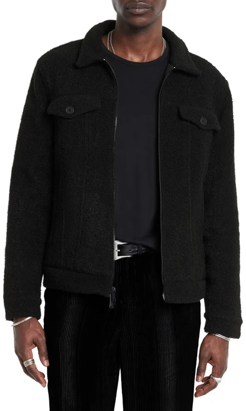 John Varvatos Men's Cynder Boucle Trucker Jacket, Black, XXL