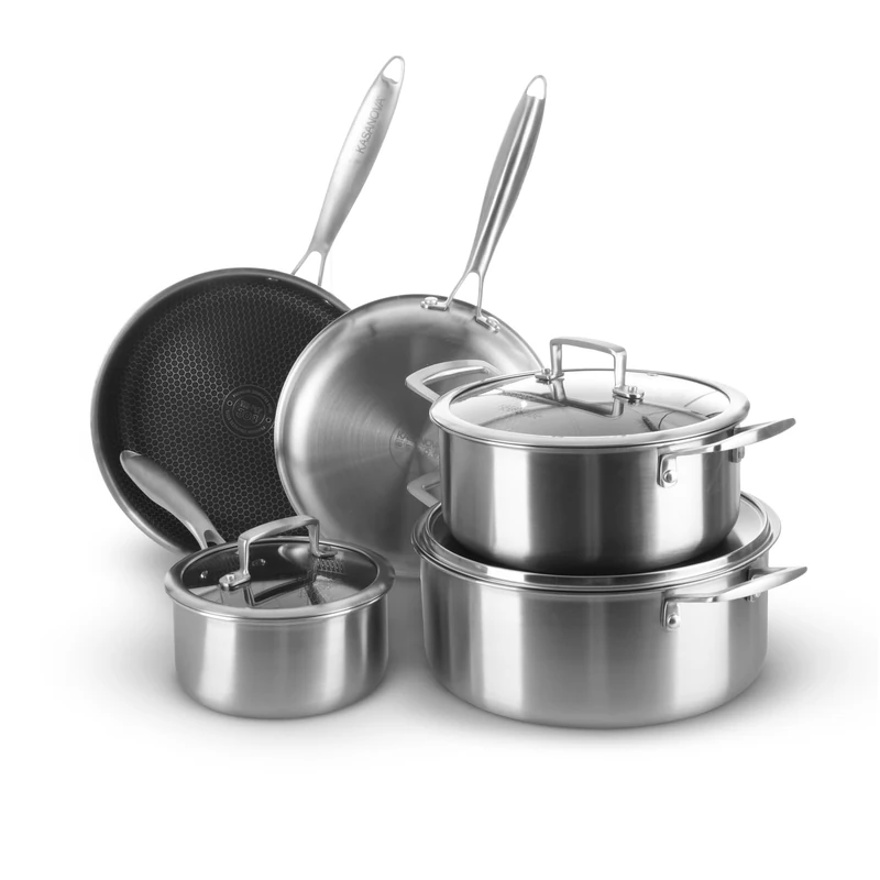 KASANOVA 8 Piece Three Layer Pan Set Made of 3-ply 18/10 Non-Stick Coating, 2.5mm Bottom and Steel Handles