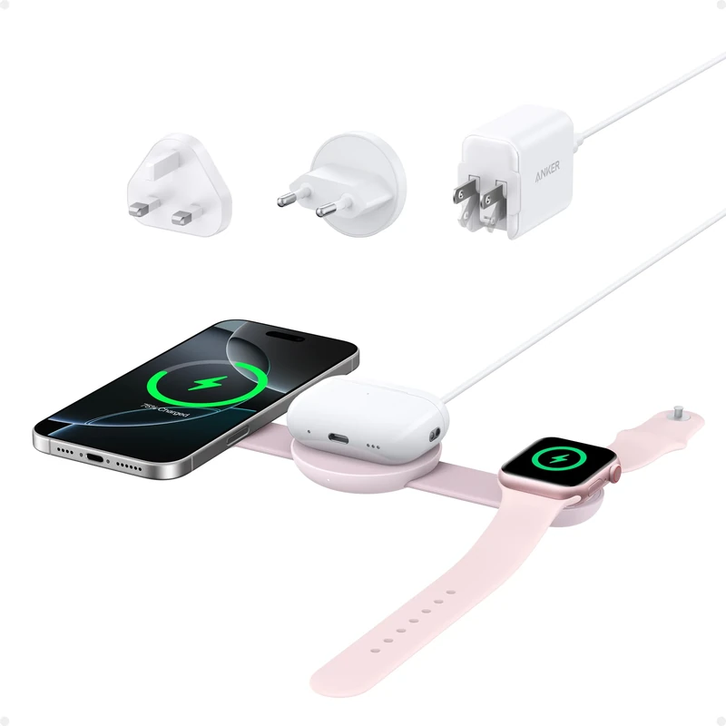 Anker MagSafe Compatible 3-in-1 Wireless Charging Station, Qi2 Certified 15W MagGo Charger, Foldable Travel Wireless Charging Pad for iPhone 17/16/15/14/13/12 Series, AirPods, Apple Watch, and More