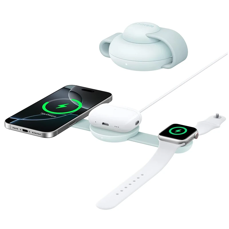 Anker MagSafe Compatible 3-in-1 Wireless Charging Station, Qi2 Certified 15W MagGo Charger, Foldable Travel Wireless Charging Pad for iPhone 17/16/15/14/13/12 Series, AirPods, Apple Watch, and More