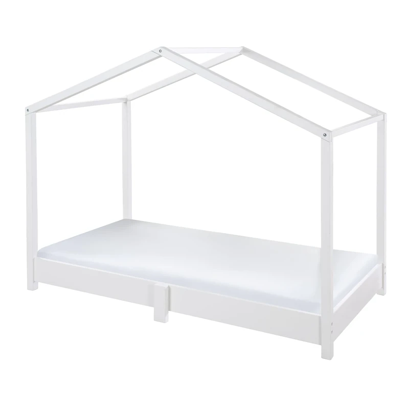 roba House Bed 70 x 140 cm – Montessori Floor Bed – Expandable with slatted Frame, Mattress & Canopy Cover – White Lacquered Wood