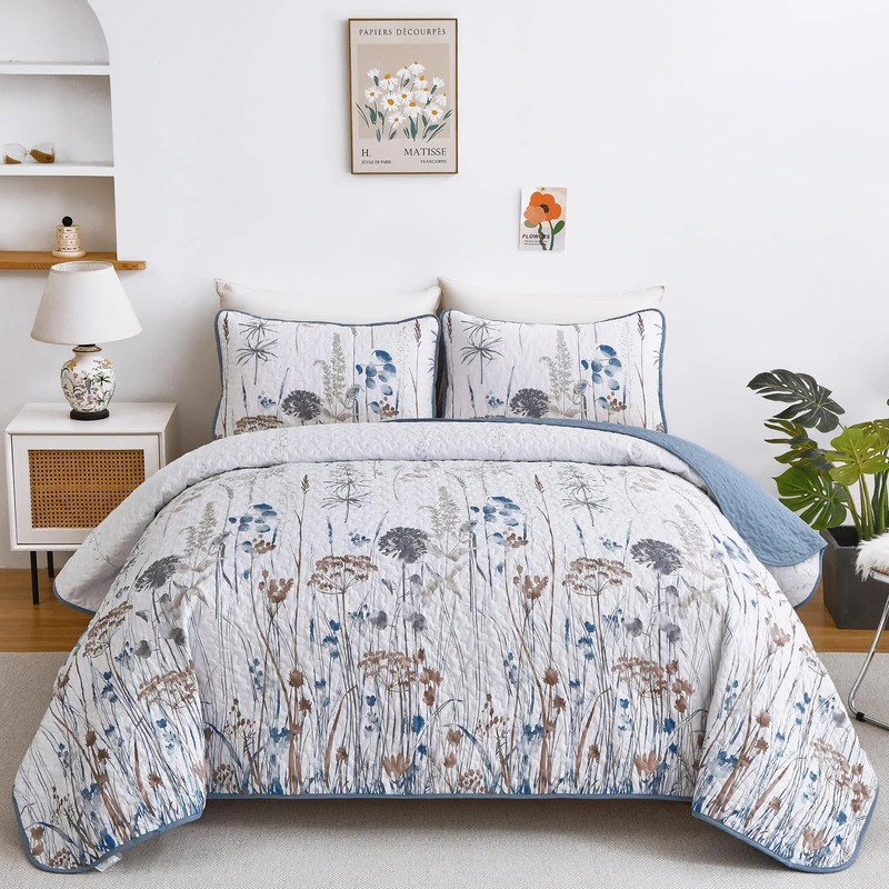 Dobuyly Blue Quilt Queen Size Floral Botanical Queen Quilt Bedding Set 3 Pieces Soft Lightweight Microfiber Brown Flower Bedspread Coverlet Set for All Season, 96"x90"