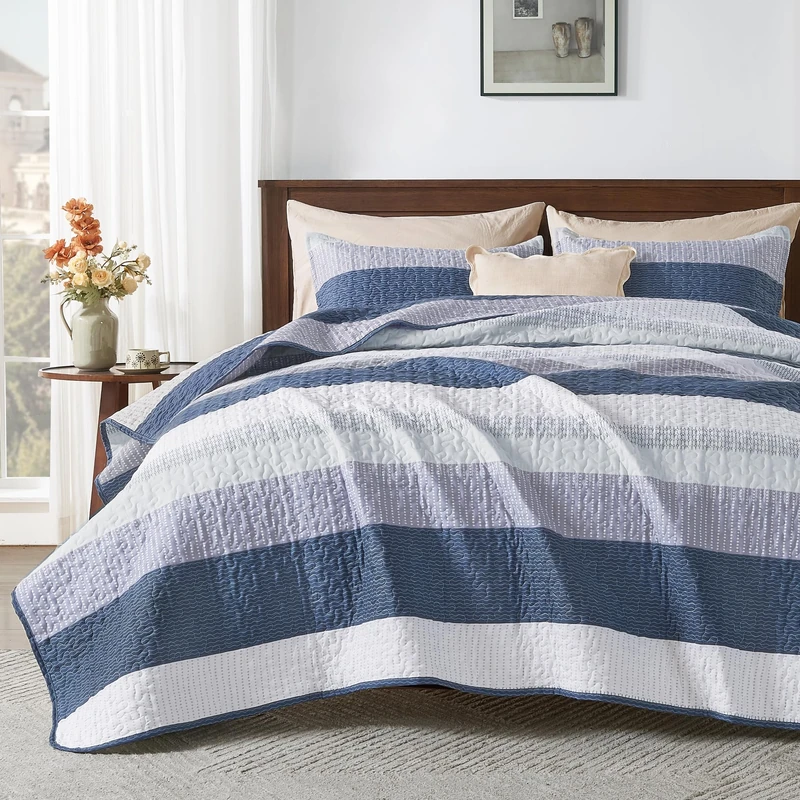 Andency Stripe Quilt Set Cal King, 3 Pcs Patchwork Bedspread Coverlet Set