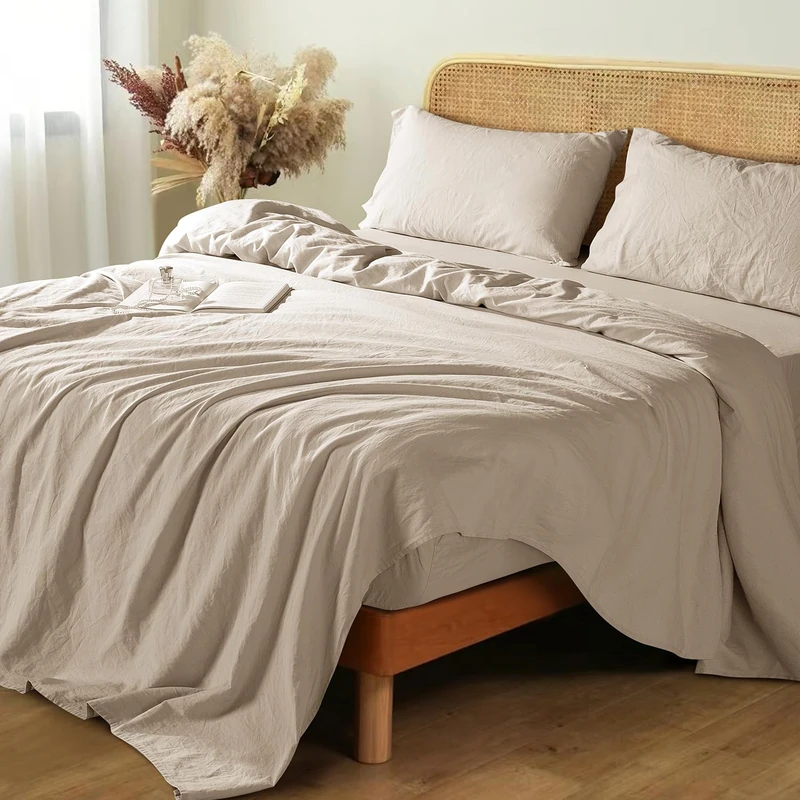 Shilucheng 100% French Linen Sheets - Queen Size Bed Sheets, Breathable & Cooling Pure Linen Sheets,Soft Durable and Tear Resistant -16 Inch Deep Pocket - 4Pcs (Linen, Queen) - Image 1