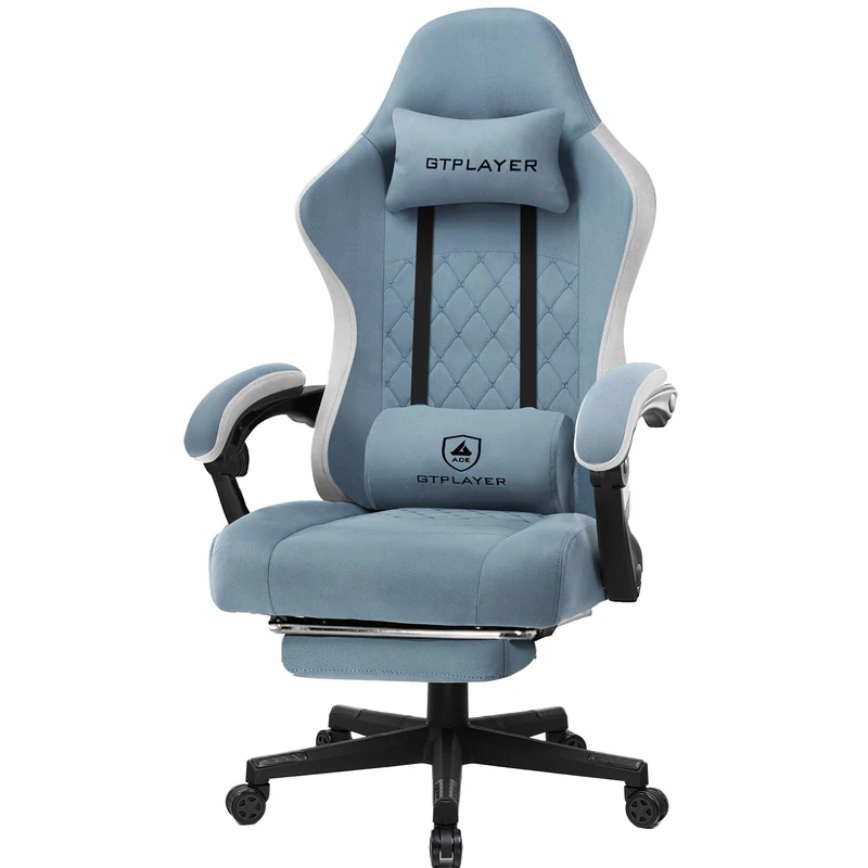 GTPLAYER Fabric Gaming Chair with Footrest, Ergonomic Computer Desk Chair with Pocket Spring Cushion Home Office High Back Support Lumbar Support Heavy Duty Wide, Light Blue