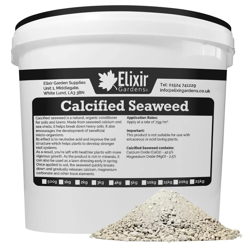 Elixir Gardens | Organic Calcified Seaweed Fertiliser/Plant Feed | 500g - 25kg Available in a Bag or Tub | 15kg Tub | Treats upto 190sqm