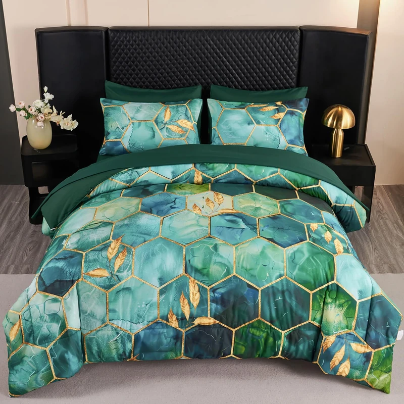 ANGIYUIN 7Pcs Turquoise Green Marble King Size Bed in A Bag with Sheets Gold Honeycomb Watercolor Printed Comforter Set Luxury Foil Print Bedding Sets for Women Men(King Teal Green)