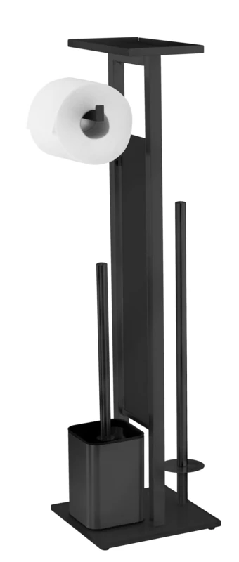WENKO Debar Standing Toilet Brush with Shelf, Matte Stainless Steel, Base Plate Made of Black Safety Glass, 21 x 70.5 x 18 cm