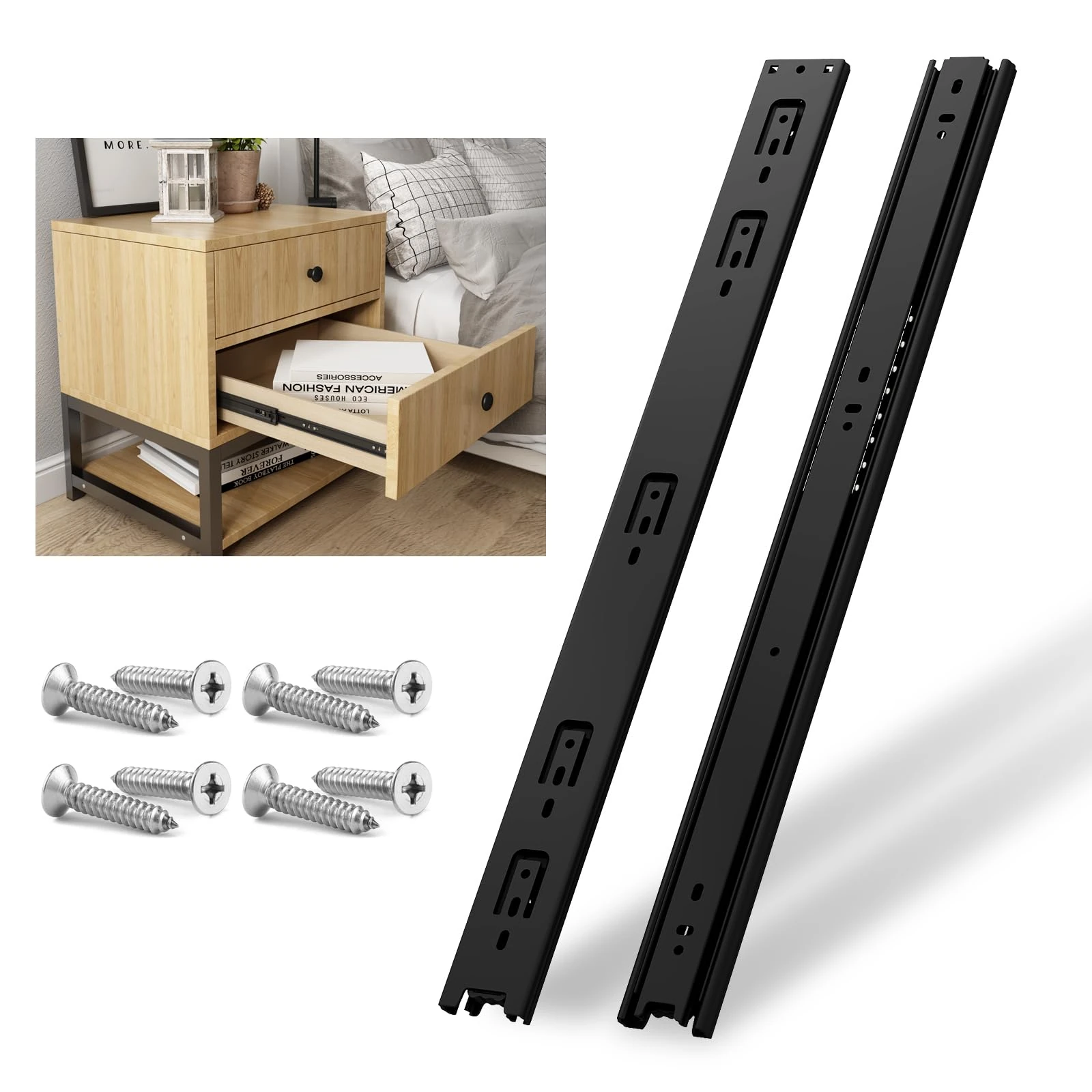 NECILO Black 550mm Residential Drawer Runner, 45kg Load Capacity Full Extension Ball Bearing, Replacement Slides for Kitchen, Home, Office Drawers, Side Mount, 1 Pair(2 Packs)