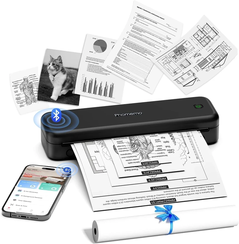 Phomemo M834 Portable Printer, Thermal Printer A4 Compatible with Phone & Laptop, Bluetooth Inkless Printer for Home Use, Inkless Printer for Office, Photo, Home, School, Outdoor, Black