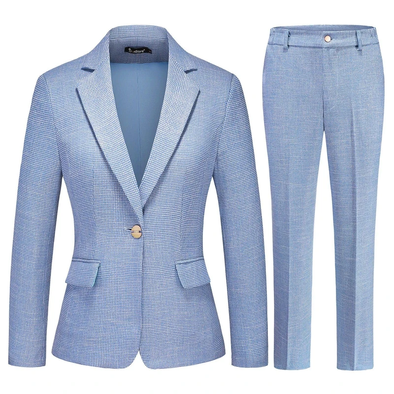 TRONSTORE Women's Suit 2 Piece Set Business Pants Suit for Women Pinstripe Houndstooth Blazer, Blue, XXL