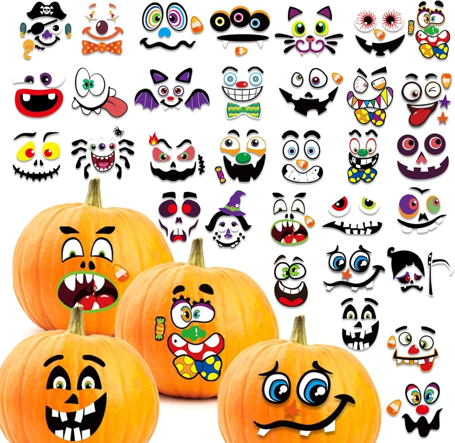 32Pcs Pumpkin Stickers, Halloween Pumpkin Face Decoration Craft Kits for Halloween Party Supplies Trick or Treat Party Favors (32)