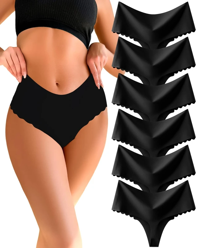 READY TO LOVE Seamless Thongs High Waisted Underwear No VPL Knickers Multipack No Show Ladies Panties Scalloped Edge Womens Briefs 6 Pack