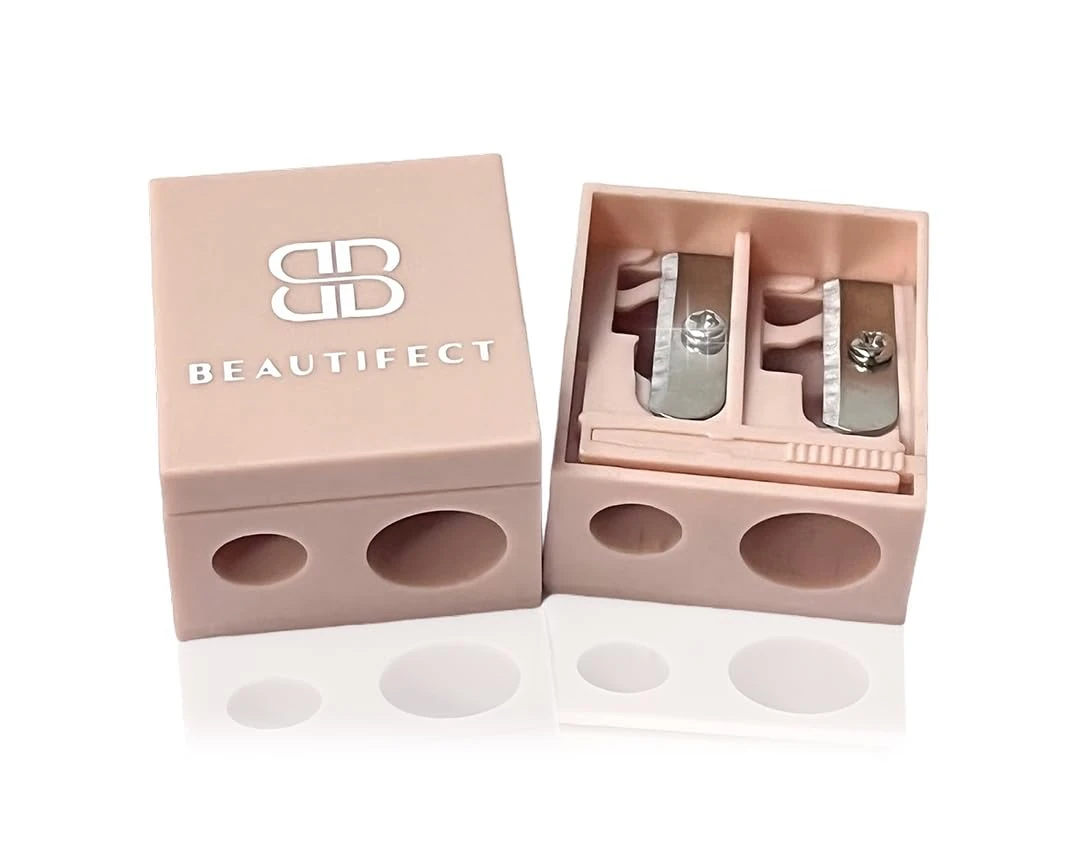 Beautifect Pencil Sharpener, Fits Regular & Large Lip or Eye Pencils, Perfect Points, Built-in Cleaning Pick, Nude Colour