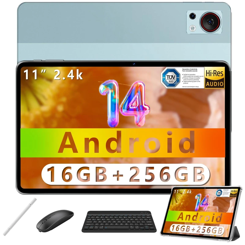T30S Tablet 11'' Android 14 Tablet, 2.4K, 16(6+10) GB RAM 256GB ROM (1TB TF), 8580mAh, 13MP+8MP Android Tablets, Smart PA, 2.4G/5G WiFi, With keyboard, Mouse, stylus, Leather Case, Blue