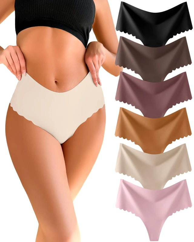 READY TO LOVE Seamless Thongs for Women High Waisted Rise Underwear No VPL Knickers for Women Multipack No Show Ladies Knickers Sexy Panties Scalloped Edge Womens Briefs 6 Pack