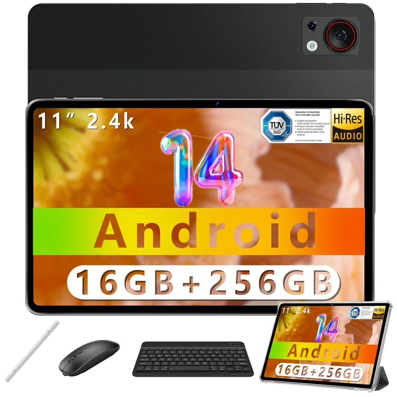 T30S Tablet 11'' Android 14 Tablet, 2.4K, 16(6+10) GB RAM 256GB ROM (1TB TF), 8580mAh, 13MP+8MP Android Tablets, Smart PA, 2.4G/5G WiFi, With keyboard, Mouse, stylus, Leather Case, Black