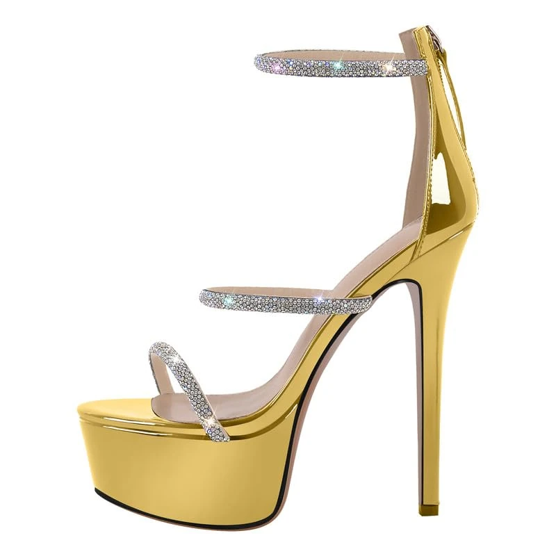 Platform Heel for Women Crystals Sandals Stiletto High Heels Studded Rhinestone Straps Buckle Round Open Toe Heeled Sandals Ankle Strap Stilettos Zip Up Party Wedding Shoes Gold Size 6