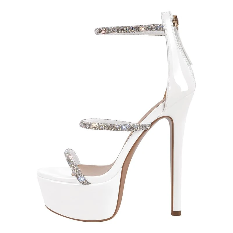 blingqueen Platform Heel for Women Crystals Sandals Stiletto High Heels Studded Rhinestone Straps Buckle Round Open Toe Heeled Sandals Ankle Strap Stilettos Zip Up Party Wedding Shoes White Size 6