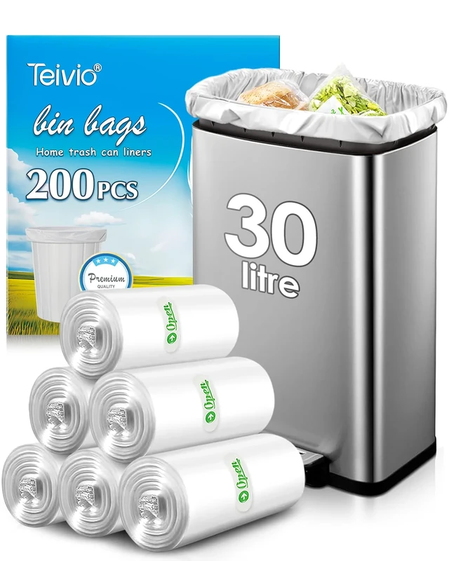 30 Liter 200 Counts Strong Unscented Medium Bin Bags,Fit 25,30,35L Rubbish can by Teivio, 8 Gallon Thick Bathroom Pedal Bin Liners, Plastic Bags for Home Office Kitchen, Clear
