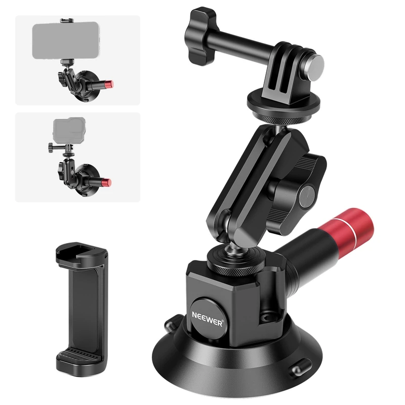 NEEWER 3" Suction Cup Camera Mount Bracket with Ball Head Magic Arm, 1/4" ARRI Holes, Quick Release Car Mount with Holder & Action Cam Adapter Compatible with DJI Insta360, CA104