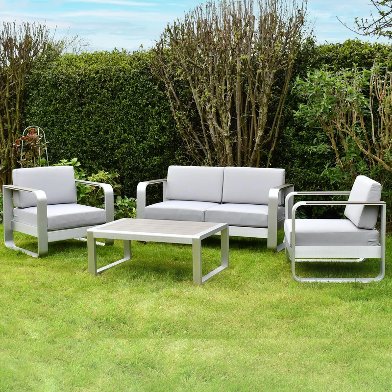 SAC Deluxe Brushed Aluminium Patio Set, Modern Outdoor Sofa with Wood Effect Table top, Garden Furniture, Weather-Resistant, Elegant Design, Grey