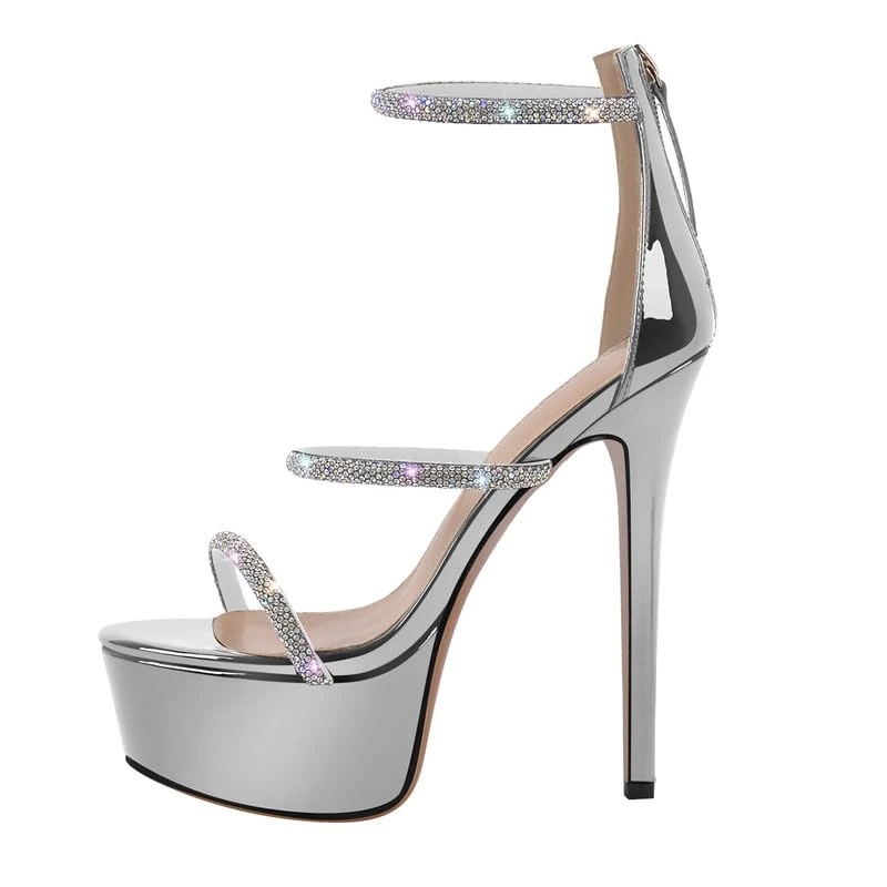 Platform Heel for Women Crystals Sandals Stiletto High Heels Studded Rhinestone Straps Buckle Round Open Toe Heeled Sandals Ankle Strap Stilettos Zip Up Party Wedding Shoes Silver Size 6