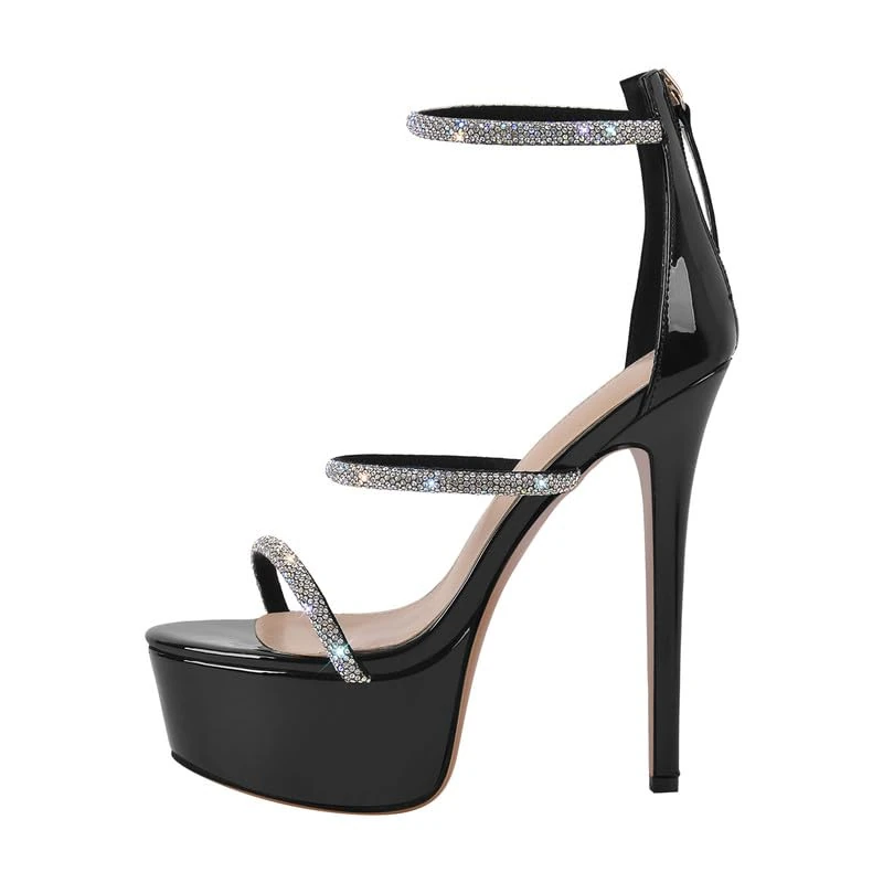 Platform Heel for Women Crystals Sandals Stiletto High Heels Studded Rhinestone Straps Buckle Round Open Toe Heeled Sandals Ankle Strap Stilettos Zip Up Party Wedding Shoes Black Size 6