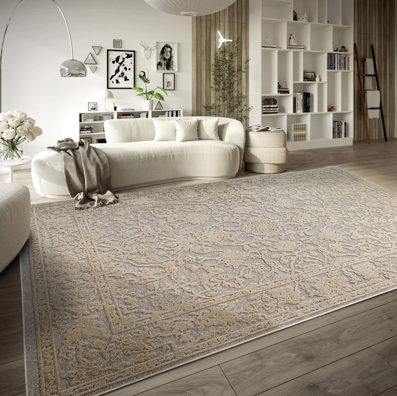 Villeroy & Boch Ambroise Short Pile Rug - Modern Living Room Rug, High-Low Effect, Modern Pattern for Living Room, Bedroom, Dining Room - Natural Grey Beige, 160 x 230 cm
