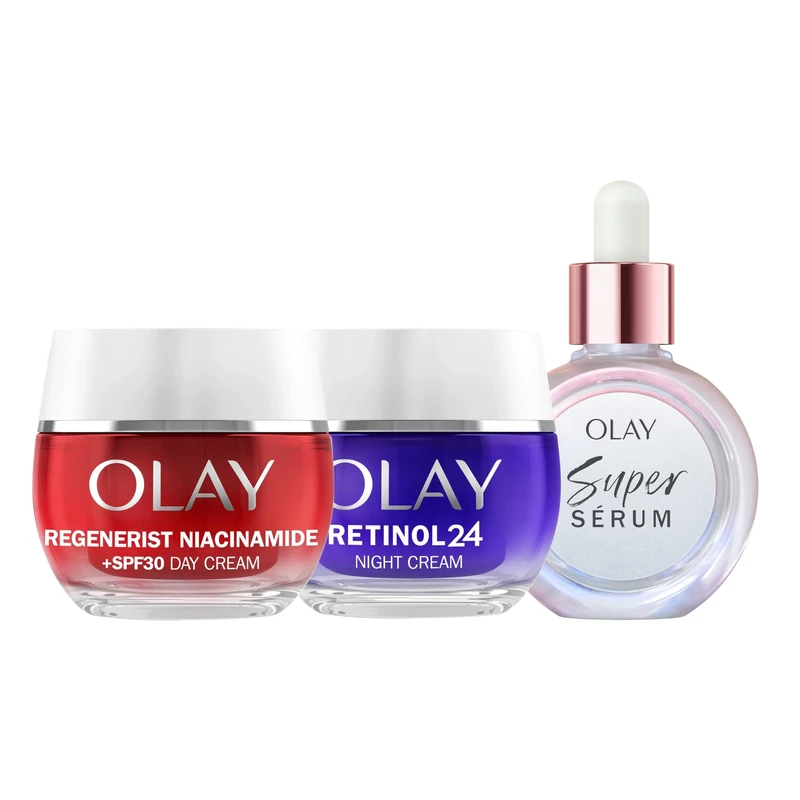 Bundle of Olay Super Serum, 30ml + Olay Regenerist Niacinamide Day Cream Face Moisturiser SPF 30, 50ml + Olay Retinol 24 Night Cream Face Moisturiser, 50ml