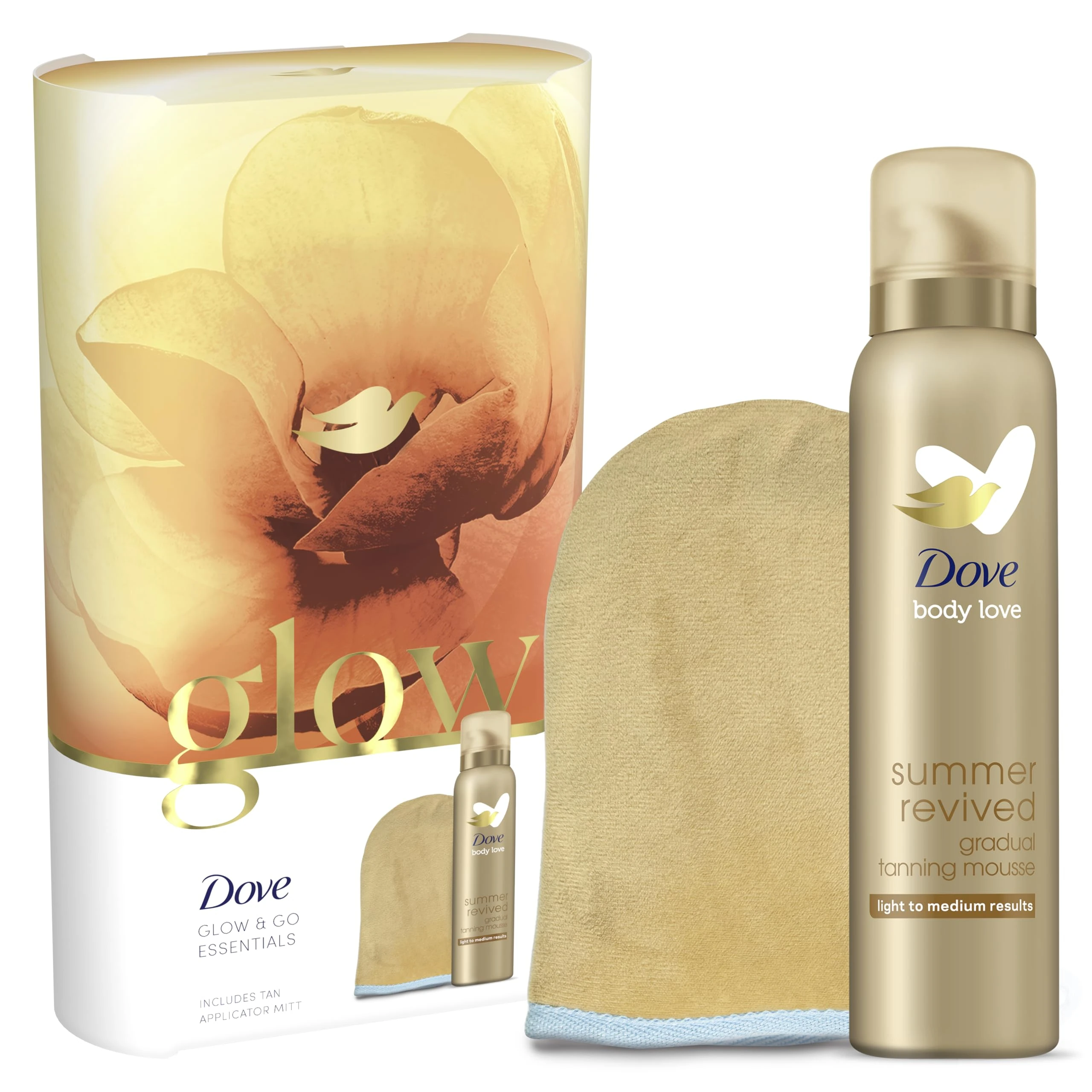 Dove Glow & Go Essentials Tanning Moisturiser Gift Set for Her with a tan applicator mitt 1 piece