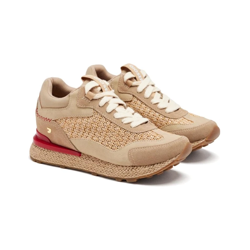 Raffia Harding Wedge Leather Sneakers, Beige, 7 UK