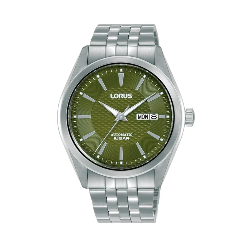Lorus Men's Analogue Automatic Watch with Stainless Steel Strap, Silver/Black, Silver/Green, Standard Size, Classic