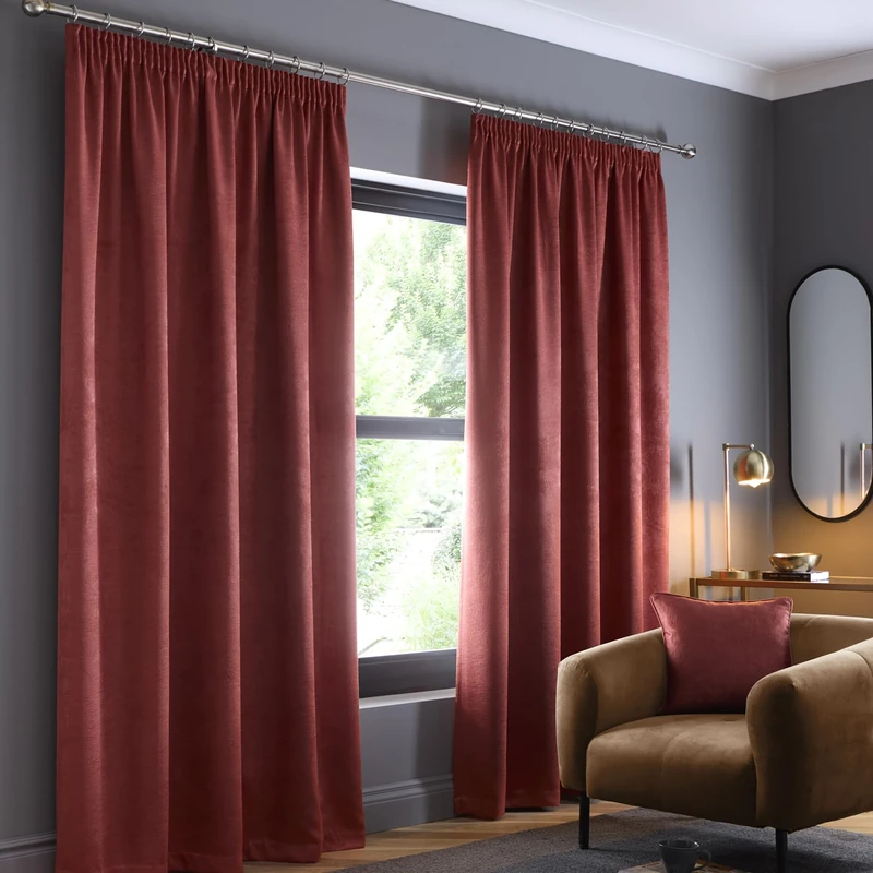 Fusion Terracotta Pencil Pleat Curtains W66 x L72 (168 x 183cm) – 100% Cotton Thermal & Soundproof Drapes – Blood Orange Window Treatment for Bedroom & Door – 2 Panels
